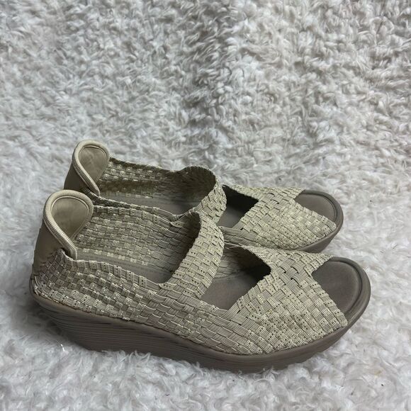 Skechers Parallel Beige /Gold Weave Wedge Peep Toe Sandals Shoes SZ9.5 - Picture 3 of 10